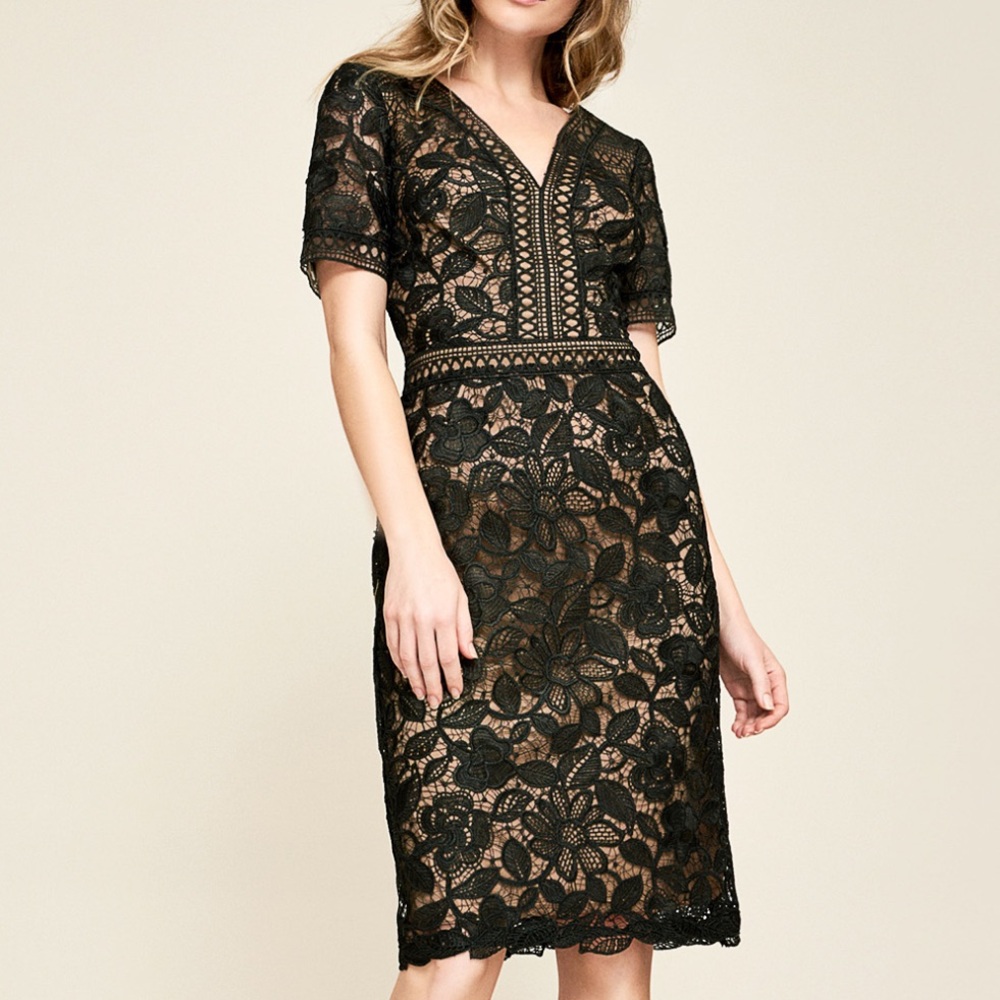 Tadashi Shoji Black Floral Lace Midi Dress